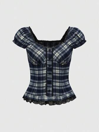 Goth Women's Plaid Puff Sleeve Lace Trim Gather Waist Blouse, School Girl Style