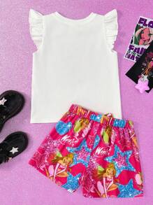 The Winx X SHEIN Young Girl Summer 2pcs Outfit Cartoon Girl Glitter Star Cap Sleeve Top & Heart Full Print Pink Bow Shorts