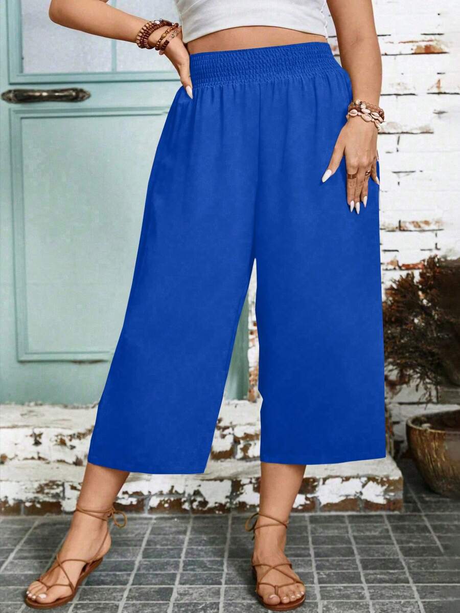 Plus Size Women Summer High Waist Loose Solid Color Wide Leg Pants, Casual Office Trousers - Blue - View 1