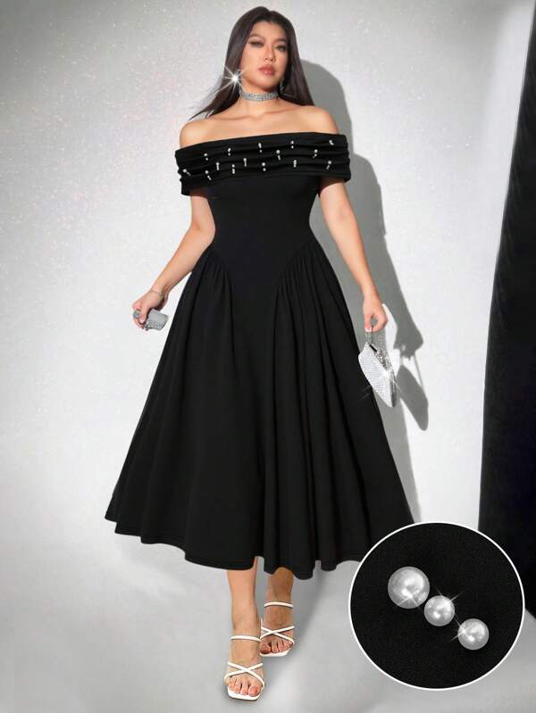 Sunnyshic Elegantes Schwarzes Minikleid mit Carmen-Ausschnitt und künstlichen Perlen in Große Größen, A-Linien Midi-Abendkleid für Damen