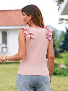 KURAYIA Top sin mangas con cuello en V y volantes en el bajo, de unicolor, para mujer talla grande