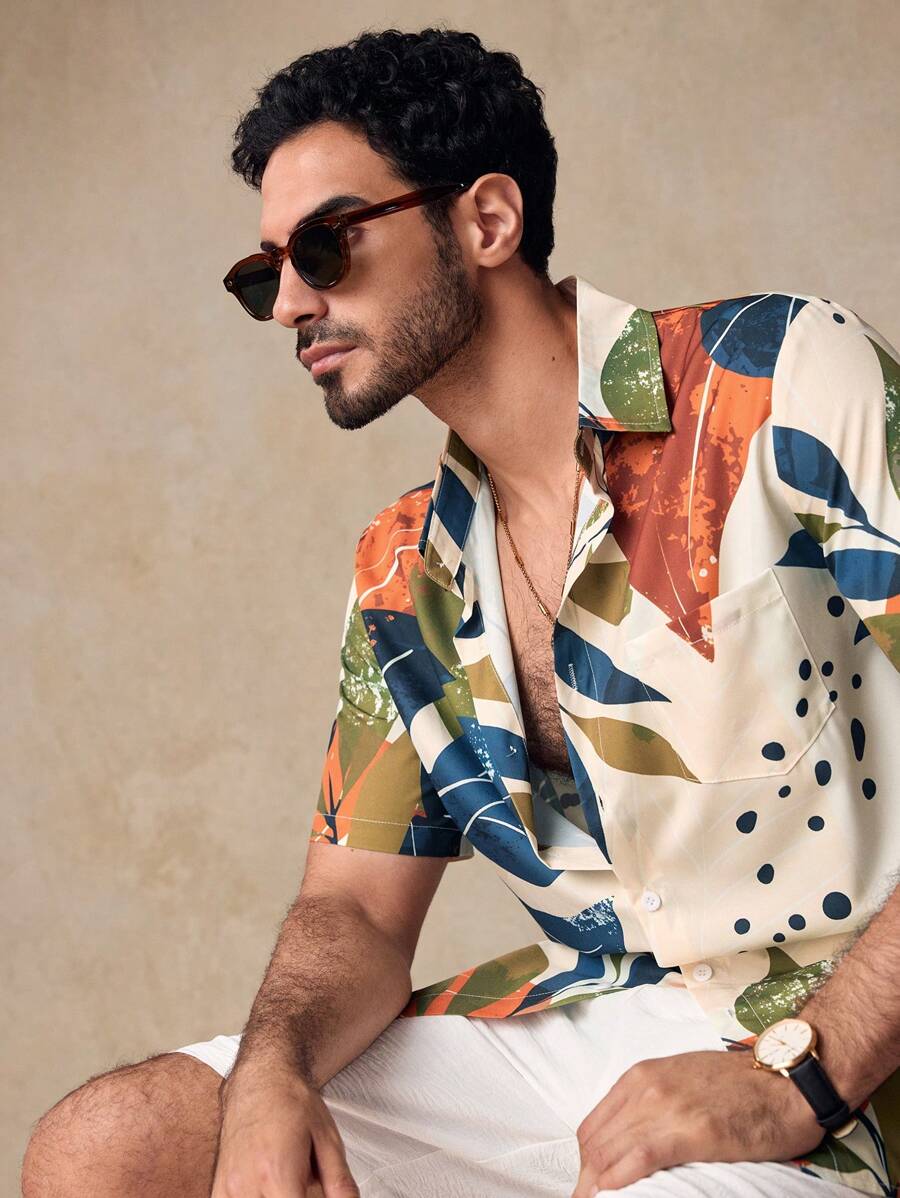 Manfinity NXTstreet 2pcs/Set Men's Digital Tropical Plant Print Shirt And Shorts Casual Set, Men's Short-Sleeved Single-Button Casual Shirt, Casual Men's Slim Fit Textured Camo Print Short Sleeve Shirt, Suitable For Outdoor, Home, Dating, Beach. Men's Short-Sleeved Single-Button Casual Shirt, Men's Summer Clothes, Button Up Men Shirt, Hawaiian Men Shirt, Matching Outfits Couples, Men Gifts, Bright Tropical Flower Patterns, Beach Vacation Shirt, Vacation Package - Multicolor - View 1