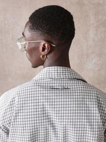 SUMWON Summer Vacation Greek Island Santorini Printed Check Shirt Resort Casual Beach Holiday Button Down Mediterranean Coastal Travel Wear - Light Grey - View 3