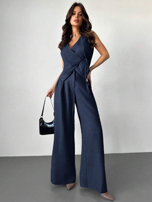 Firerie Festival New Spring/Summer Elegant Minimalist Linen Color Wrap Tie Belt Waistcoat & High Waist Pleated Wide Leg Pants Suit Set, Office Commuting
