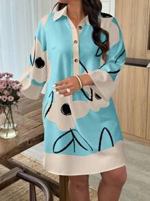 SHEIN LUNE Plus Size Elegant Floral Print Flare Sleeve Dress - Multicolor - View 3