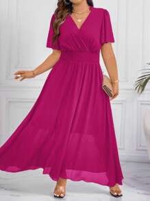 Celure Elegantes Kurzarm-Kleid in Große Größen mit weitem Saum, Rüschendekor und Spitzenrand. Lose sitzend für Urlaub oder Arbeit, V-Ausschnitt Maxi Damen Outfit