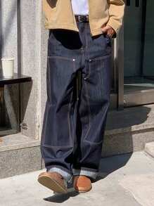 DAZY Spring Men's Solid Color Distressed Detail Navy Blue Jeans - Blue - View 8