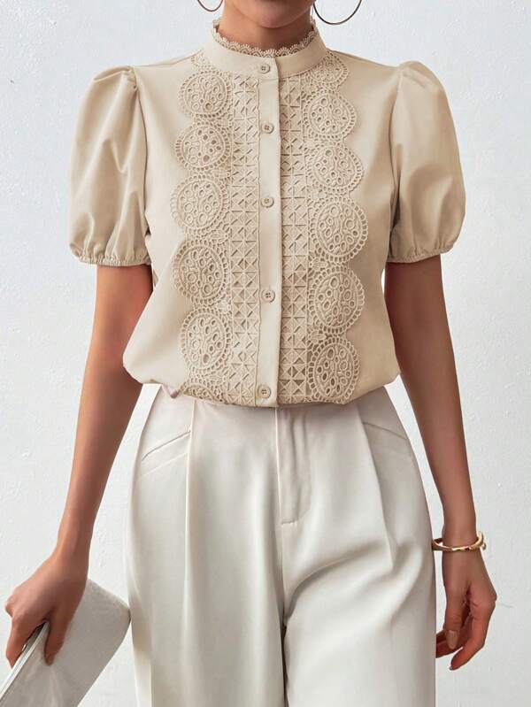 RosyDaze Women's Elegant Solid Color Lace Patchwork Puff Sleeve Stand Collar Cardigan Blouse