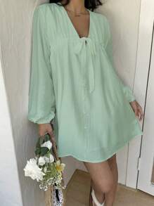 Sunnyshic Women's Casual Solid Color V-Neck Tie Bow Puff Sleeve Short Vacation Mini Dress, Versatile For Spring/Summer Day - Mint Green - View 4