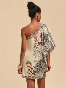 Travachic 女式迷你不对称领口连衣裙，夏季时尚，度假风格，印花梭织图案，女士休闲夏季度假装，波西米亚海滩度假装，波西米亚风，乡村音乐会装，节日装，女士沙滩装，女士夏季装，毕业装，复古风女士，夏季太阳裙，母亲节女士夏季连衣裙 - 杏色 - 查看 3