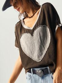 Bohemela Maglietta casual in cotone lavato con scollo a V, maniche corte, taglio morbido, fantasia cuori in stile patchwork, per donna