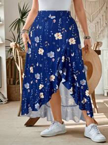SHEIN LUNE Plus Size Women Summer Bohemian Flower Print Short Front And Long Back High Waist Design Casual Holiday Women's Skirt - Navy Blue - View 3