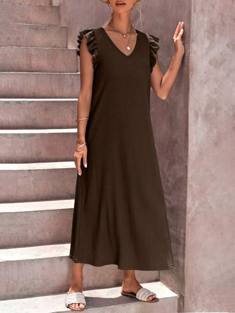 RueChic Plain Color V-Neck Ruffle Hem Casual Vacation Sleeveless Dress