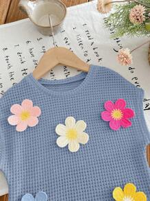 SHEIN LMoss Kids 年轻女孩时尚彩色花卉针织纯色圆领 T 恤 - 藍色 - 查看 7
