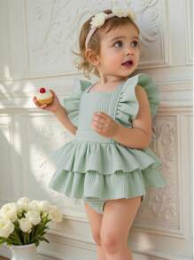 Souflis Souflis Vestido fruncido de tarta color verde menta para bebé/niña pequeña, estilo dulce y elegante adecuado para salidas de verano, fiestas y uso diario