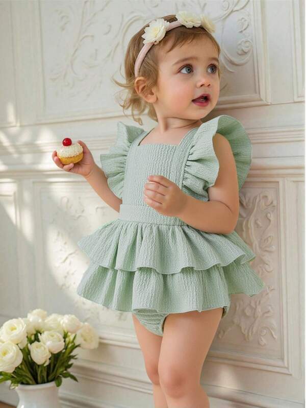 Souflis Souflis Vestido fruncido de tarta color verde menta para bebé/niña pequeña, estilo dulce y elegante adecuado para salidas de verano, fiestas y uso diario