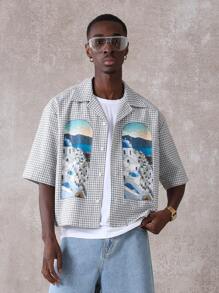 SUMWON Summer Vacation Greek Island Santorini Printed Check Shirt Resort Casual Beach Holiday Button Down Mediterranean Coastal Travel Wear - Light Grey - View 5