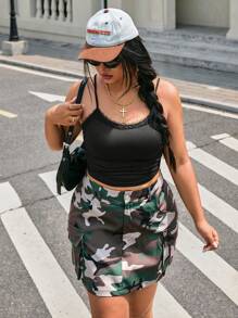 CovetEZ Plus Size Summer Casual Solid Color Camisole & Camouflage Print Utility Skirt 2pcs Set - Multicolor - View 4