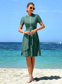 Swim Mulvari 2 pièces Robe longue asymétrique à manches courtes avec fermeture éclair, couleur unie pour le printemps, mode plage et vacances pour femmes