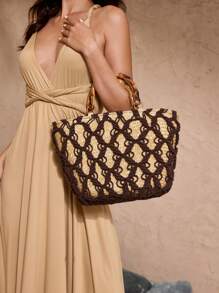 SHECARRY Women's Boho Style Handmade Woven Net Tote Bag - Brown - View 5