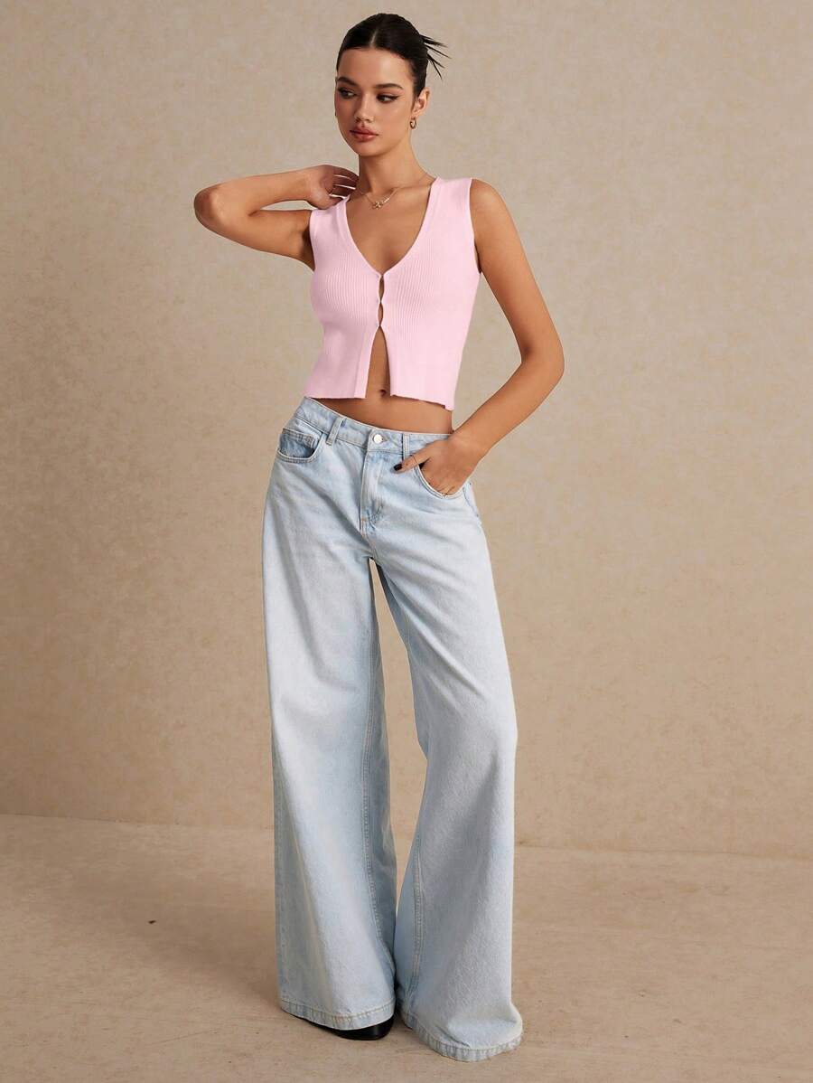 Poéselle Women's Casual Solid Color Knitted Vest For Summer - Baby Pink - View 1