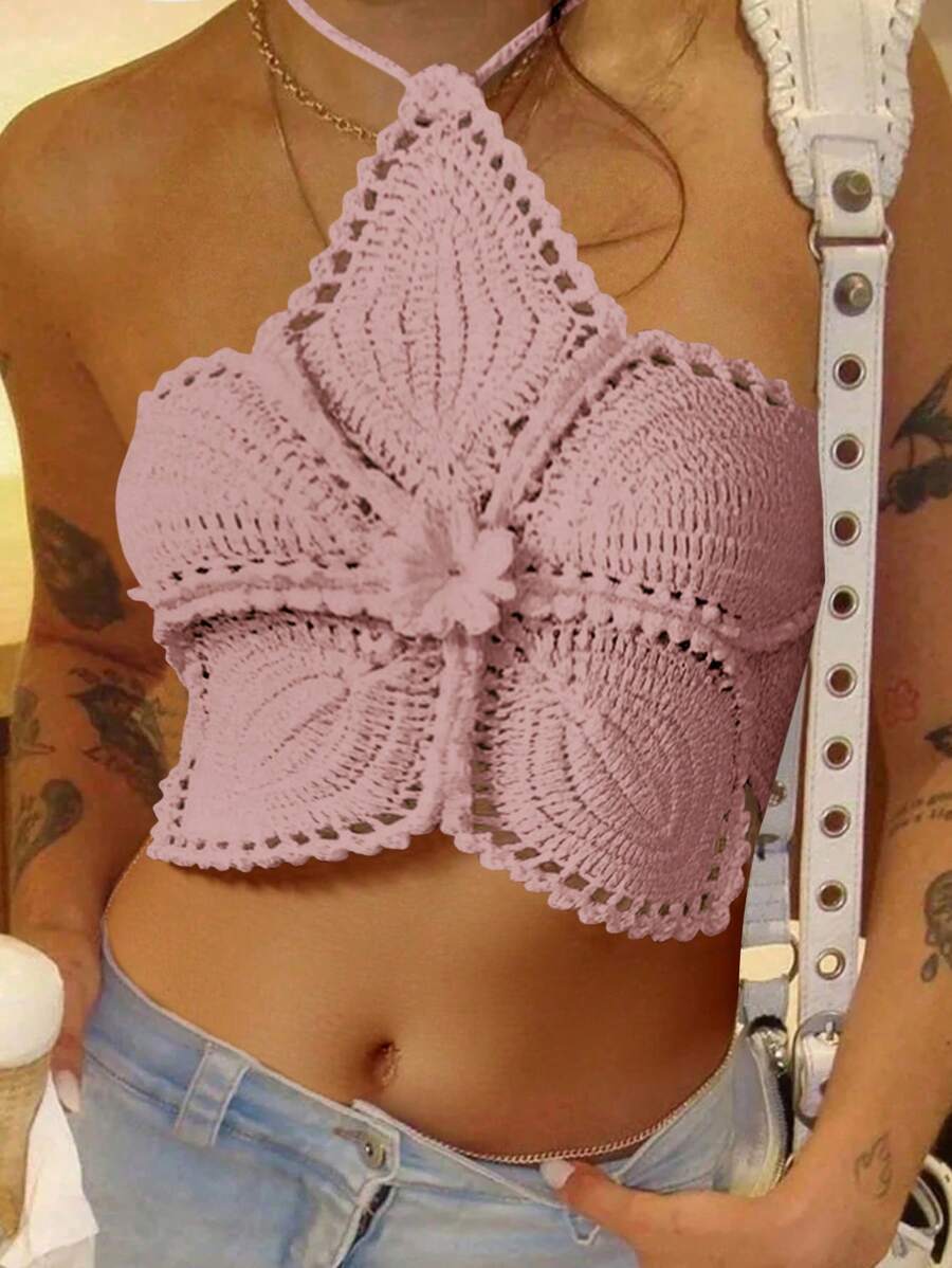 Breezaya Top de punto corto con corbata en el cuello, adecuado para vacaciones, playa, fiesta, cita - Rosa vieja - Ver 1