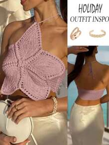Breezaya Top de punto corto con corbata en el cuello, adecuado para vacaciones, playa, fiesta, cita - Rosa vieja - Ver 3