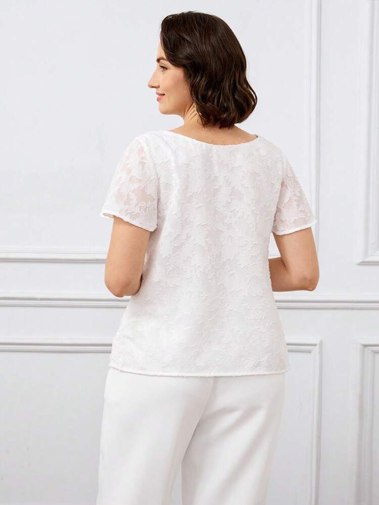 Women's Solid Color Pleated Elegant Office Commuting Short Sleeve Shirt With Stand Collar, White Blouse