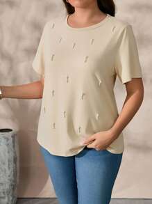 SHEIN LUNE Plus Size Elastic Pearl Embellished Short Sleeve Comfortable T-Shirt - Yellow - View 5