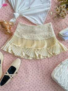Sweetina White French Design Lace Ruffled Pleated Mini Skirt - White - View 3