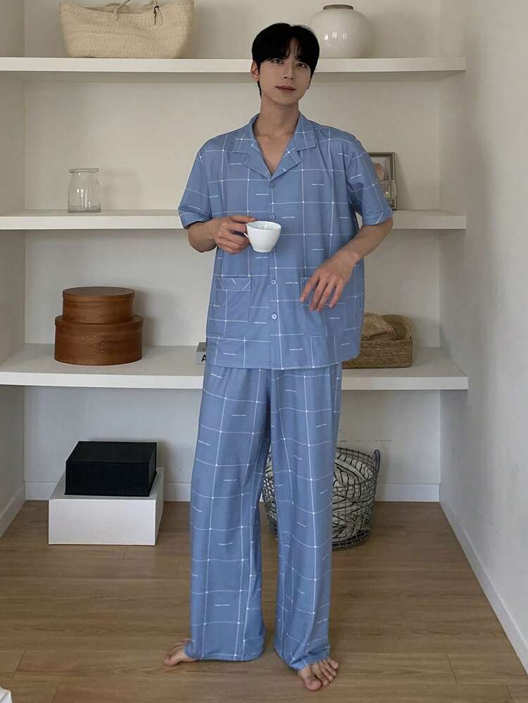 Men's Summer Letter & Plaid Print Pajama Set