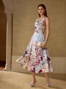 MOTF PREMIUM VESTIDO MIDI DE MUJER DE LINO CON CUELLO EN V Y ESTAMPADO FLORAL - Azul - Ver 5