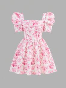 SHEIN Leap Crew Tween Girl Casual Ditsy Floral Pattern Square Neck Puff Sleeve Dress - Hot Pink - View 1