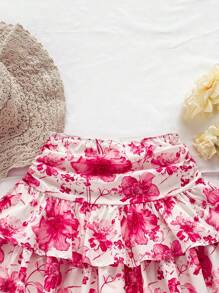 Soleia Váy mini xếp tầng in hoa lãng mạn cho nữ đi nghỉ mát có họa tiết hoa màu xanh nước biển - Nhiều màu - Xem 4