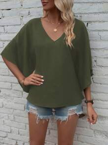 EMERY ROSE 女士V领蝙蝠袖休闲宽松衬衫