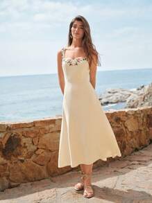 MOTF PREMIUM LINEN FLORAL EMBROIDERY DRESS SUMMER DRESSES FOR WOMEN - Apricot - View 4