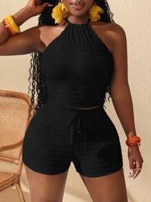 Slaydiva 新款春夏音乐节、复活节、纳什维尔、生日派对、毕业季、学生日常穿着、休闲、度假、邮轮旅行、海滩、日光浴、街头风格、纹理面料、系带、性感露背女士两件套 - 黑色 - 查看 6