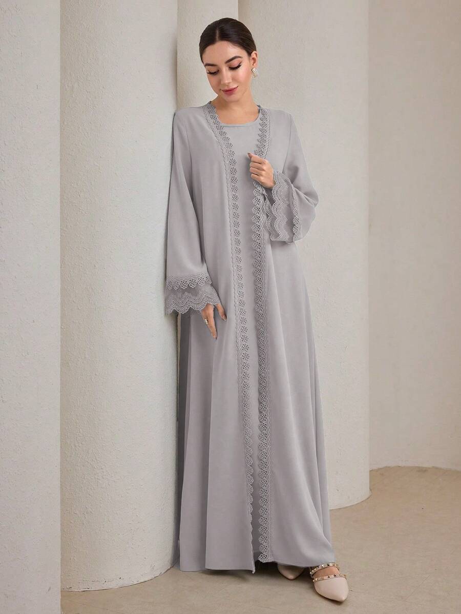Graceveil 2件套女士传统长裙和阿巴雅外套套装 - 灰色 - 查看 1