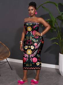 Slaydiva فستان مطبوع براعم زهرية مريح وبسيط بطباعة شاملة للمقاسات الكبيرة بدون أكمام للصيف