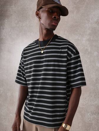 SUMWON Camiseta oversize de rayas, tejido de punto jersey, casual, ropa urbana, básica esencial, de uso diario, de manga corta, ajuste atlético