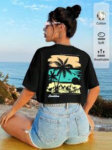 Tseoso Tricou din bumbac cu mânecă scurtă, cu mânecă scurtă, cu model de palmier, pentru femei, potrivit pentru evadarea de vară