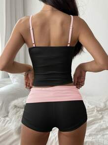 SHEIN EZwear 女士夏季简约吊带背心和短裤两件套 - 黑色 - 查看 2