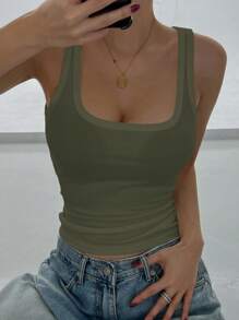 DAZY Camiseta de tirantes ajustada de unicolor con cuello redondo, casual y versátil para mujer