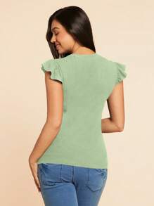 SHEIN Maternity Romantic Floral Pattern Round Neck Ruffle Sleeve Form-Fitting Nursing T-Shirt - Green - View 2