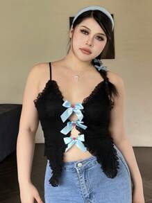 DAZY Áo hai dây ren viền bất đối xứng, trang trí nơ cỡ lớn cho nữ, gợi cảm, áo crop top câu lạc bộ mùa xuân/hè cho nữ - màu đen - Xem 6