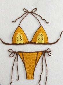 Swim Mod Women's Contrast Color Halter Tie Front Top And Triangle Cover Up Bikini Sets For Summer Beach Vacation - Yellow - View 4