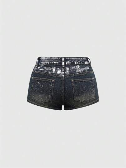 Grunge Punk Y2K Vintage Low Waist Skinny Silver Foil Super Short Denim Jeans