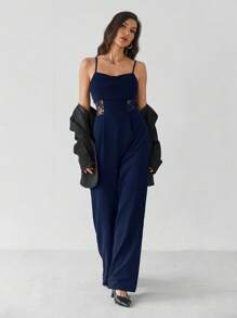 SHEIN Tall 夏季垂坠领黑色连体裤，复古蕾丝镂空，阔腿连体裤，婚礼女士连体裤，秋冬连体裤，教师服，老款风格连体裤，商务休闲连体裤，早午餐连体裤，外出连体裤，正式连体裤 - 藏蓝色 - 查看 5