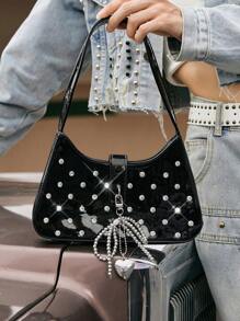 SHECARRY Minimalist Zippered Rhinestone-Embellished Black Shoulder Bag Tote For Commuting - Black - View 2