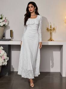 Modelyn Women Elegant Contrast Lace Ruffle Waist Midi Dress - White - View 3